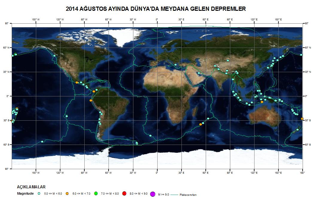 4. 2014 AĞUSTOS AYINDA DÜNYA DA ÖNE ÇIKAN DEPREM ETKİNLİKLERİ 2014 Ağustos ayı içerisinde Dünya da büyüklüğü 5 ve üzeri olan toplam 123 deprem meydana gelmiştir (Şekil 3.1).