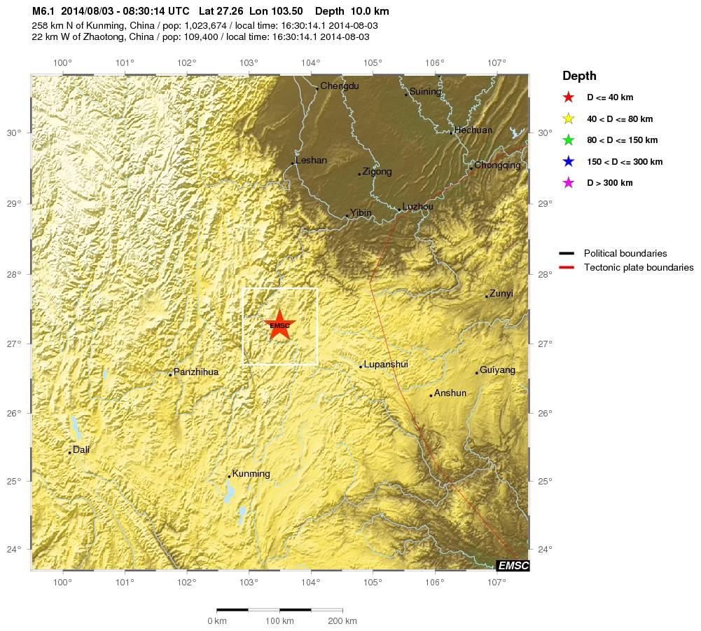 4.1. 03 AĞUSTOS 2014 YUNNAN - ÇİN DEPREMİ Mw:6.2 03 Ağustos 2014 günü saat 08:30 (UTC) de Yunnan (Çin) da Mw:6.1 büyüklüğünde ve 10 km. derinliğinde bir deprem meydana gelmiştir (EMSC) (Şekil 4.1.1).