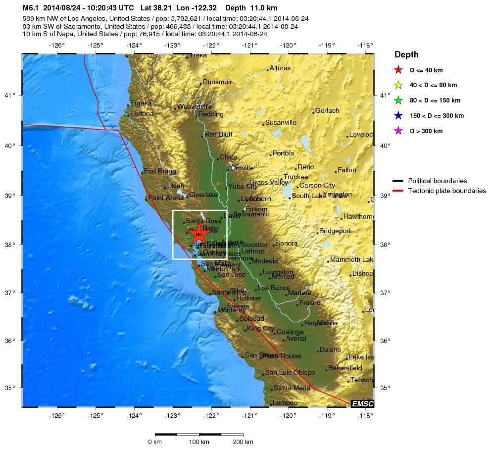 4.2. 24 AĞUSTOS 2014 KALİFORNİYA - AMERİKA DEPREMİ Mw:6.0 24 Ağustos 2014 günü saat 10:20 (UTC) de Kaliforniya da büyüklüğü Mw:6.1 ve derinliği 11.0 km. olan bir deprem meydana gelmiştir (EMSC).