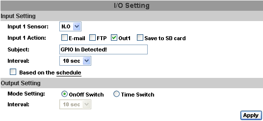 I/O Setting IP KAMERA 1 giriş/ 1 çıkış destekler.