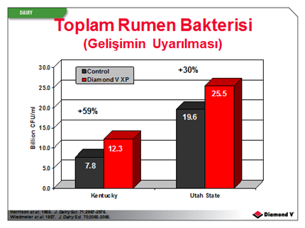 «Diamond V XP nin rumen bakteri popülasyonunu belirgin bir şekilde arttırdığı, Utah State ve Kentucky Üniversitelerinde yapılan çalışmalarla kanıtlanmıştır.