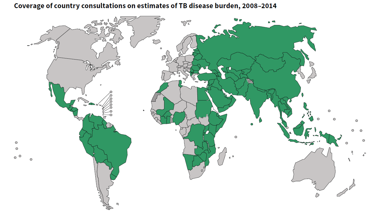 Tüberküloz hastalık yükünün ülkeler arası tahmini dağılımı 2008-2014 TB görülen tahmini 9 milyon kişinin yarıdan fazlası (% 56) Güney-Doğu Asya'da ve Batı Pasifik Bölgelerindedir