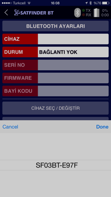 4. APPLE cihazınızdan SATFINDER BT Uygulamasını açınız. 5. Sağ Alt köşedeki çark ikonuna tuşlayarak AYARLAR menüsüne giriniz. 6.