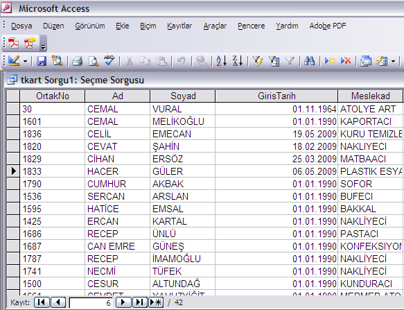 6. SELECT * FROM zkimlik1 WHER ad IN('Ali','Bekir') IN komutu koşul belirtirken kullanılır.