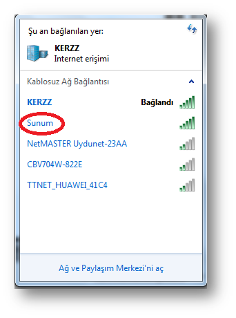 11 Bu işlem sonrasında kablosuz bağlantılar içerisinde kablosuz bağlantı listelenecek ve