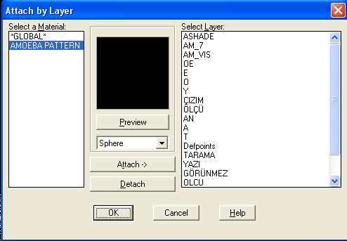 Resim 2.28: Attach By AutoCAD Color Index kutusu By Layer düğmesi, malzemeye katmanlar atanmasını sağlar. By Layer düğmesine basıldığında ekrana Attach By Layer kutusu gelir.