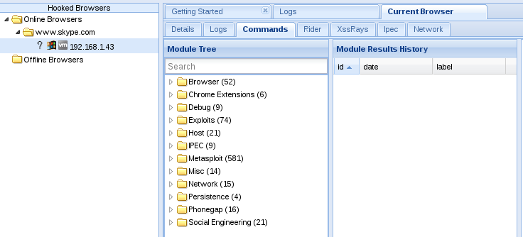 Shell BeEF kontrol panelinde gördüğümüz üzere Hooked Browsers alanında bulunan Online Browsers kısmına kurbanın bağlantısı gelmiştir.