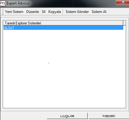 6.1.Genel Bakış: KHN den Expert Advisor ı tıkladığınızda açılan pencerede varsa tanımlı sistemleri görürsünüz. Yeni Sistem: Bu menü ile yeni bir sistem tanımlamaya başlayabilirsiniz.