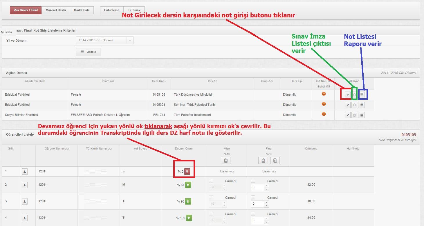 4. Not Girişi butonuna tıklandıktan sonra Şekil 8 de görüldüğü gibi öğrencilerin notlarının girileceği sayfa açılır. Şekil 8. Not Giriş Ekranı 1 5.