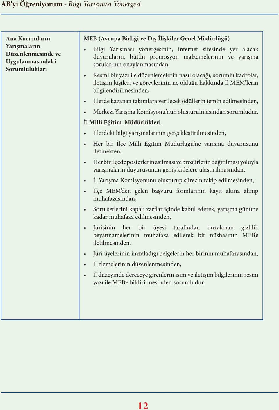 hakkında İl MEM lerin bilgilendirilmesinden, İllerde kazanan takımlara verilecek ödüllerin temin edilmesinden, Merkezi Yarışma Komisyonu nun oluşturulmasından sorumludur.