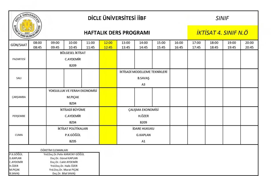 BÜYÜME İKTİSAT POLİTİKALARI P.K.GÖĞÜL ÇALIŞMA EKONOMİSİ H.ÖZER B209 İDARE HUKUKU G.