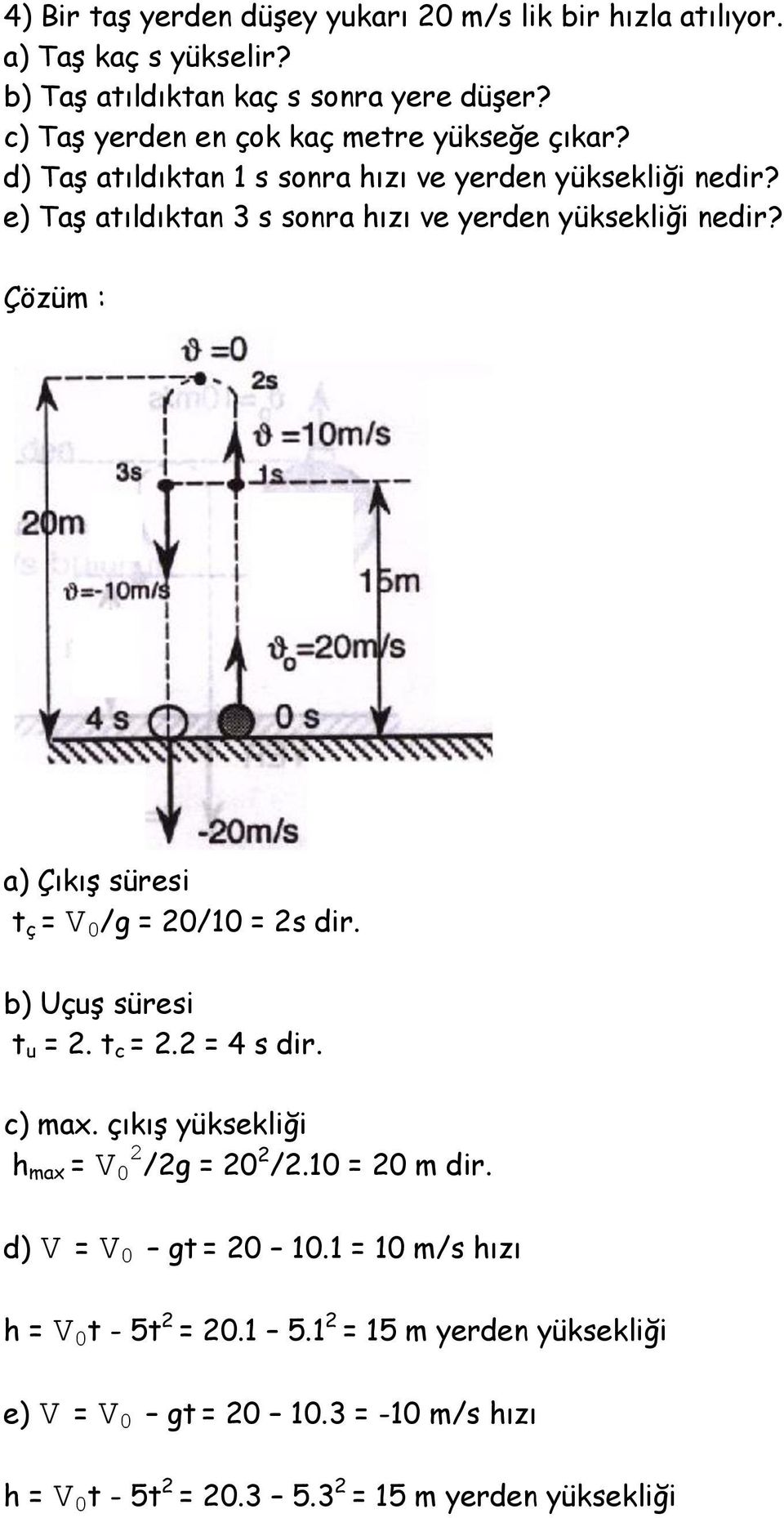 e) Taş atıldıktan 3 s sonra hızı ve yerden yüksekliği nedir? a) Çıkış süresi t ç = V 0 /g = 20/10 = 2s dir. b) Uçuş süresi t u = 2. t c = 2.2 = 4 s dir. c) max.