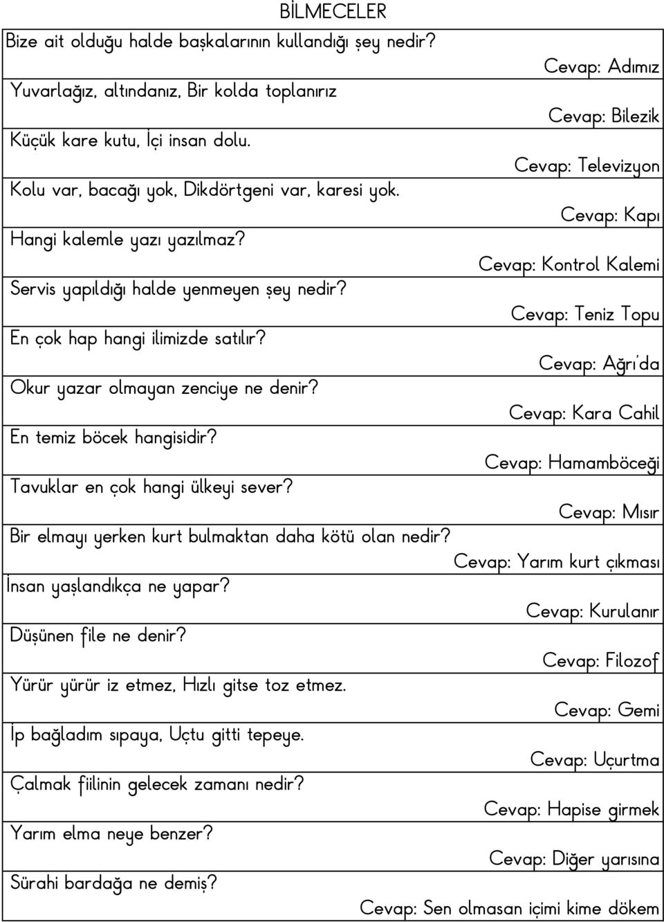 Cevap: Teniz Topu En çok hap hangi ilimizde satılır? Cevap: Ağrı'da Okur yazar olmayan zenciye ne denir? Cevap: Kara Cahil En temiz böcek hangisidir?