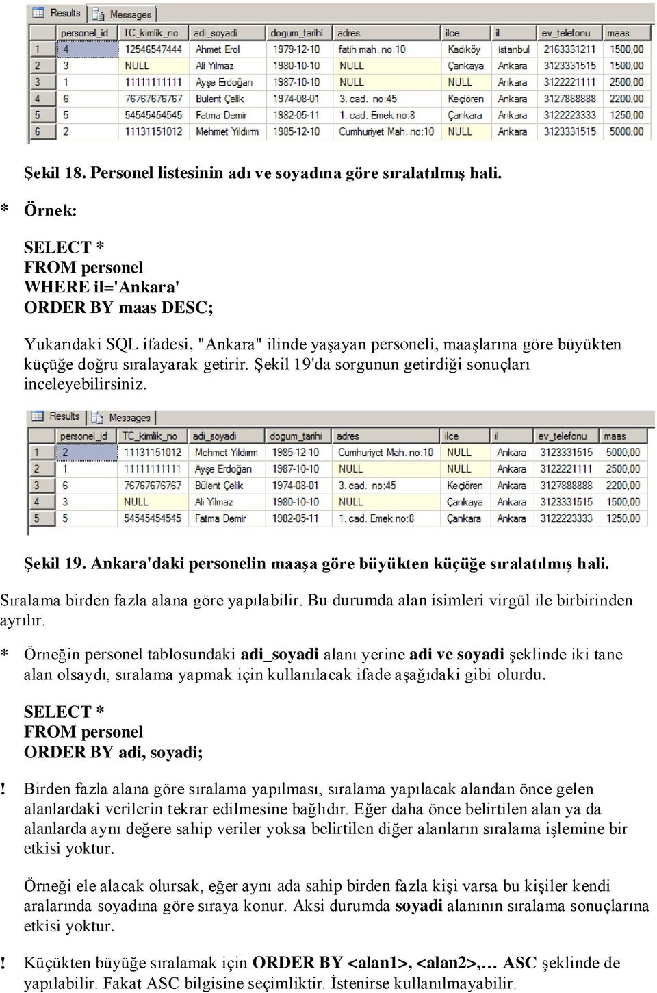 Şekil 19'da sorgunun getirdiği sonuçları inceleyebilirsiniz. Şekil 19. Ankara'daki personelin maaşa göre büyükten küçüğe sıralatılmış hali. Sıralama birden fazla alana göre yapılabilir.