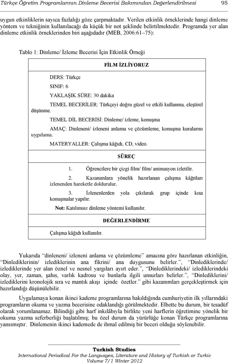 Programda yer alan dinleme etkinlik örneklerinden biri aģağıdadır (MEB, 2006:61 75): Tablo 1: Dinleme/ Ġzleme Becerisi Ġçin Etkinlik Örneği DERS: Türkçe SINIF: 6 YAKLAġIK SÜRE: 30 dakika FĠLM