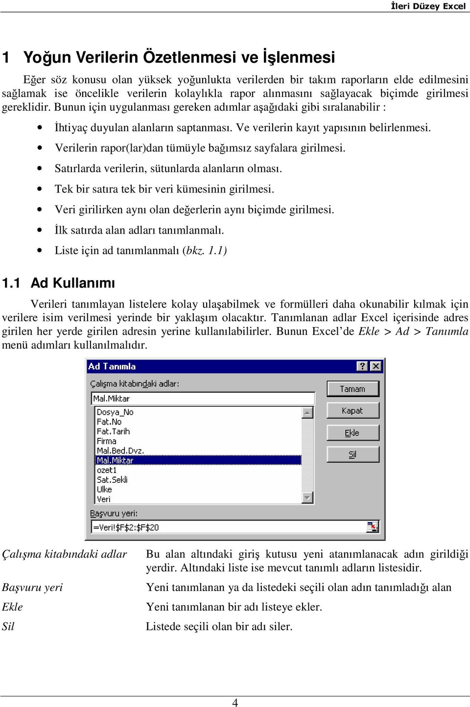 Verilerin rapor(lar)dan tümüyle bağımsız sayfalara girilmesi. Satırlarda verilerin, sütunlarda alanların olması. Tek bir satıra tek bir veri kümesinin girilmesi.