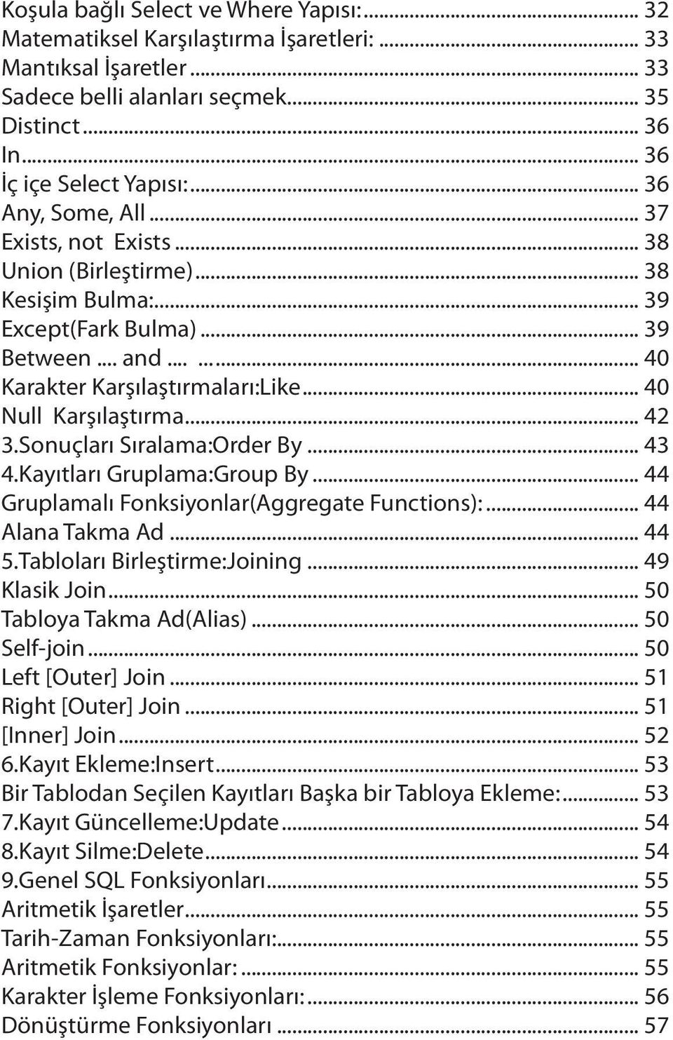 .. 40 Null Karşılaştırma... 42 3.Sonuçları Sıralama:Order By... 43 4.Kayıtları Gruplama:Group By... 44 Gruplamalı Fonksiyonlar(Aggregate Functions):... 44 Alana Takma Ad... 44 5.