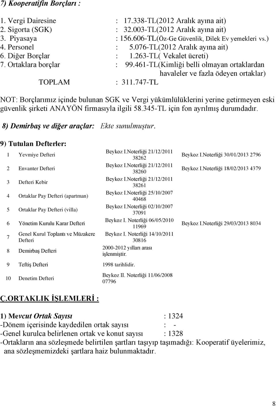 461-TL(Kimliği belli olmayan ortaklardan havaleler ve fazla ödeyen ortaklar) TOPLAM : 311.