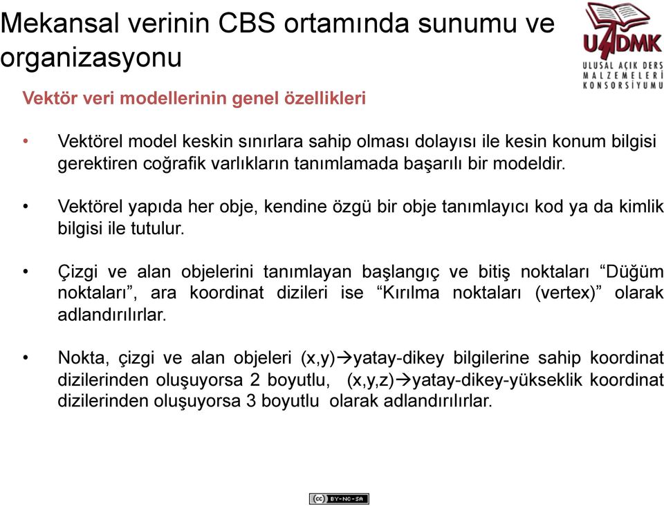 Çizgi ve alan objelerini tanımlayan başlangıç ve bitiş noktaları Düğüm noktaları, ara koordinat dizileri ise Kırılma noktaları (vertex) olarak adlandırılırlar.