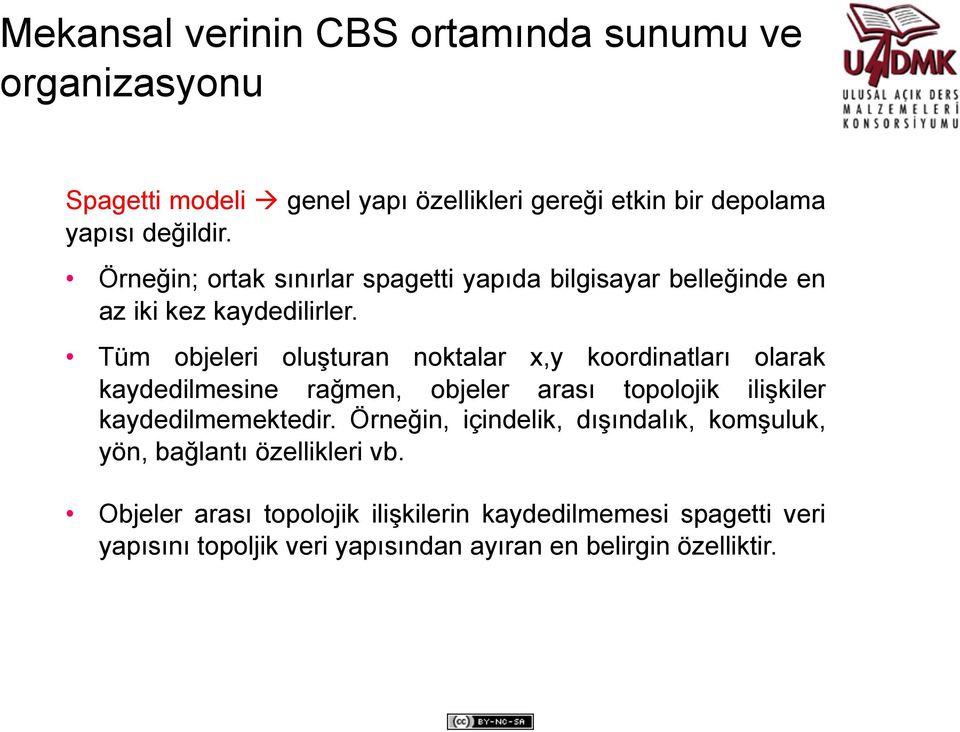 Tüm objeleri oluşturan noktalar x,y koordinatları olarak kaydedilmesine rağmen, objeler arası topolojik ilişkiler