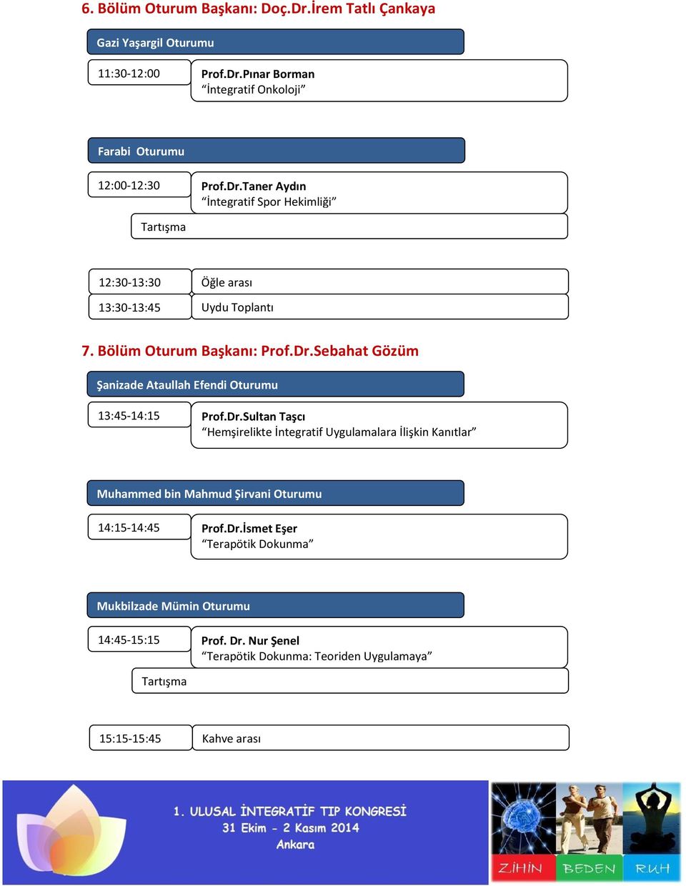 Dr.Sultan Taşcı Hemşirelikte İntegratif Uygulamalara İlişkin Kanıtlar Muhammed bin Mahmud Şirvani Oturumu 14:15-14:45 Prof.Dr.İsmet Eşer Terapötik Dokunma Mukbilzade Mümin Oturumu 14:45-15:15 Prof.