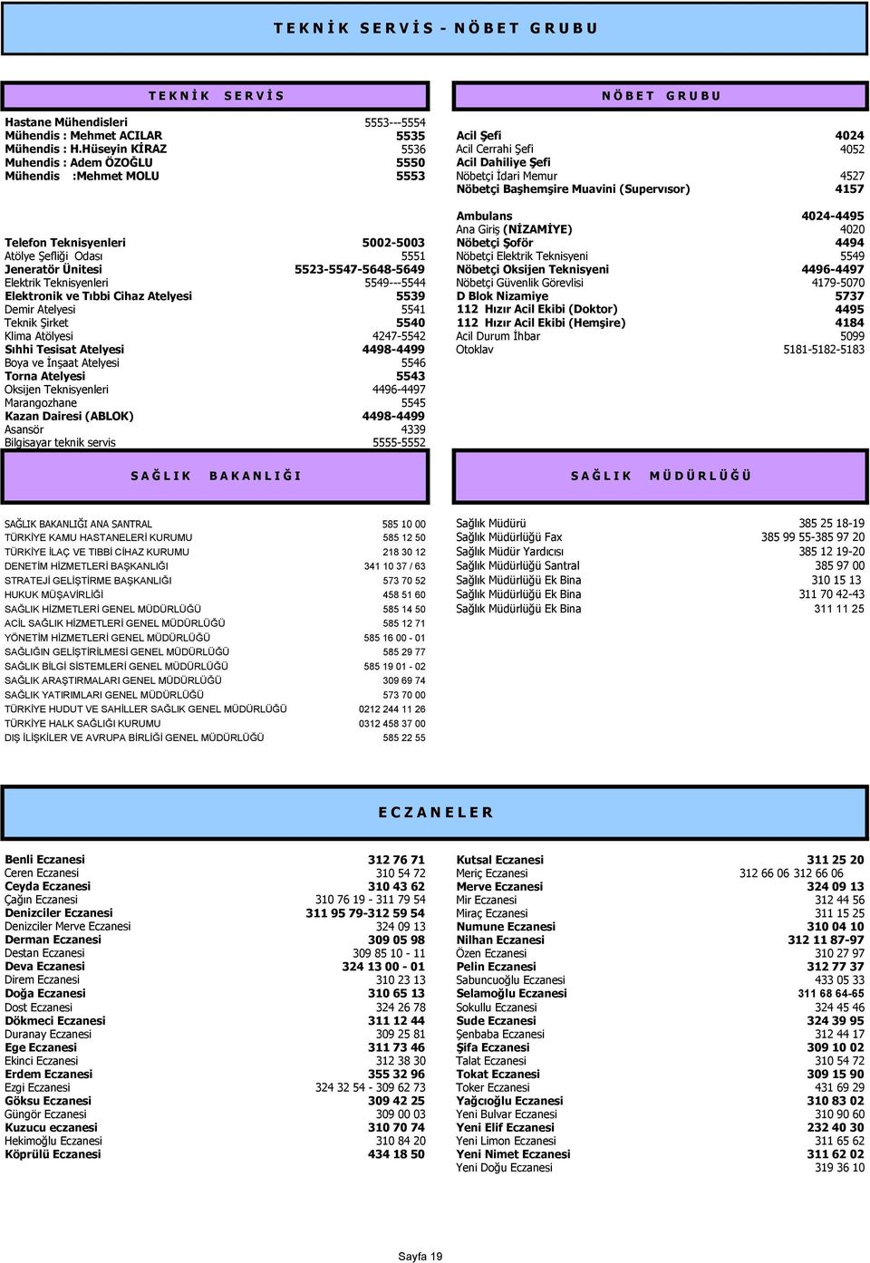 (Supervısor) 4157 Ambulans 4024-4495 Ana Giriş (NİZAMİYE) 4020 Telefon Teknisyenleri 5002-5003 Nöbetçi Şoför 4494 Atölye Şefliği Odası 5551 Nöbetçi Elektrik Teknisyeni 5549 Jeneratör Ünitesi