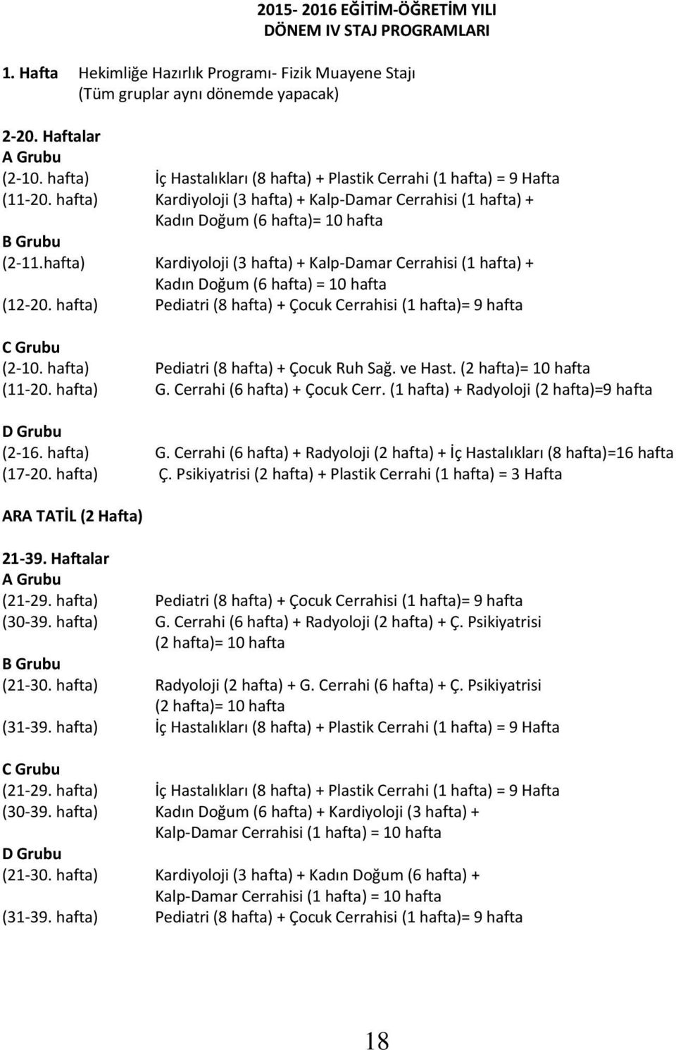 hafta) Kardiyoloji (3 hafta) + Kalp-Damar Cerrahisi (1 hafta) + Kadın Doğum (6 hafta) = 10 hafta (12-20. hafta) Pediatri (8 hafta) + Çocuk Cerrahisi (1 hafta)= 9 hafta C Grubu (2-10.