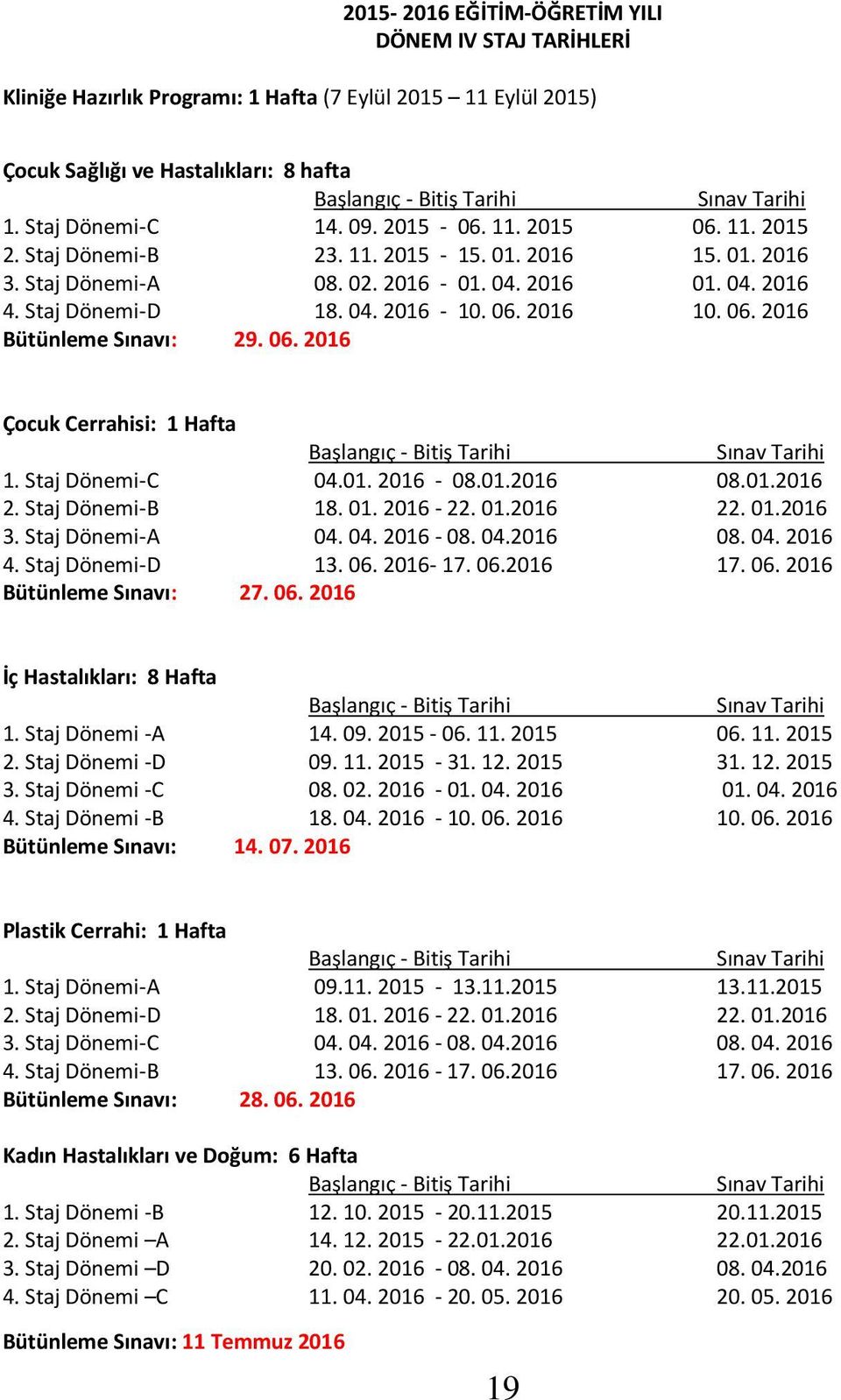 06. 2016 10. 06. 2016 Bütünleme Sınavı: 29. 06. 2016 Çocuk Cerrahisi: 1 Hafta Başlangıç - Bitiş Tarihi Sınav Tarihi 1. Staj Dönemi-C 04.01. 2016-08.01.2016 08.01.2016 2. Staj Dönemi-B 18. 01. 2016-22.