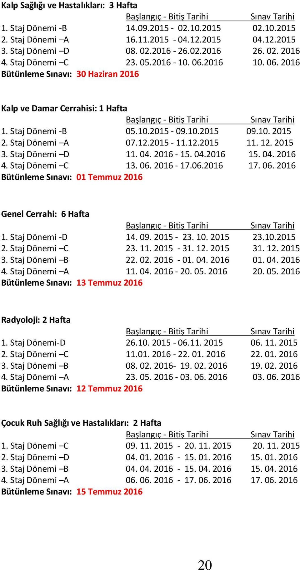 Staj Dönemi -B 05.10.2015-09.10.2015 09.10. 2015 2. Staj Dönemi A 07.12.2015-11.12.2015 11. 12. 2015 3. Staj Dönemi D 11. 04. 2016-15. 04.2016 15. 04. 2016 4. Staj Dönemi C 13. 06. 2016-17.06.2016 17.