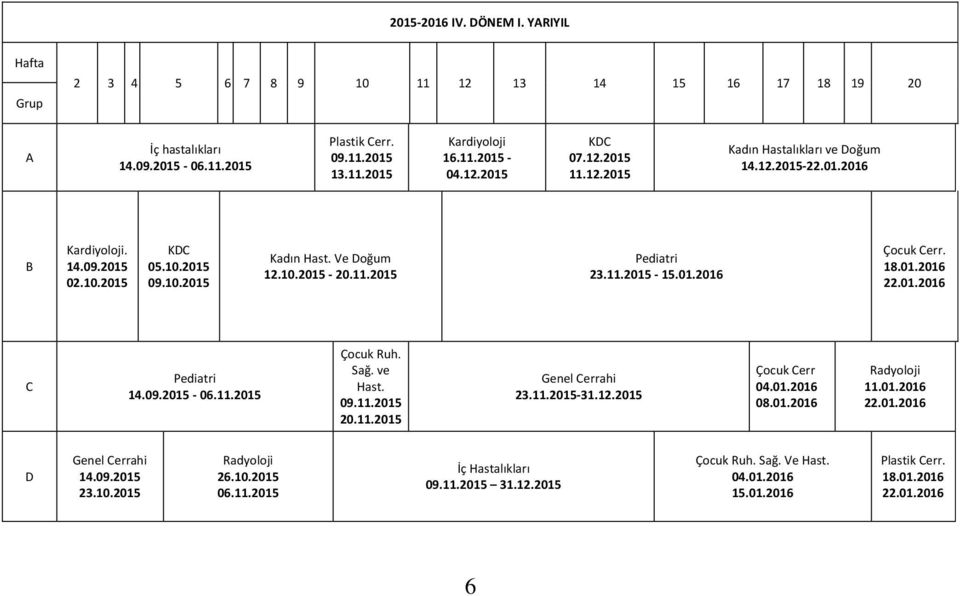 01.2016 Çocuk Cerr. 18.01.2016 22.01.2016 C Pediatri 14.09.2015-06.11.2015 Çocuk Ruh. Sağ. ve Hast. 09.11.2015 20.11.2015 Genel Cerrahi 23.11.2015-31.12.2015 Çocuk Cerr 04.01.2016 08.01.2016 Radyoloji 11.