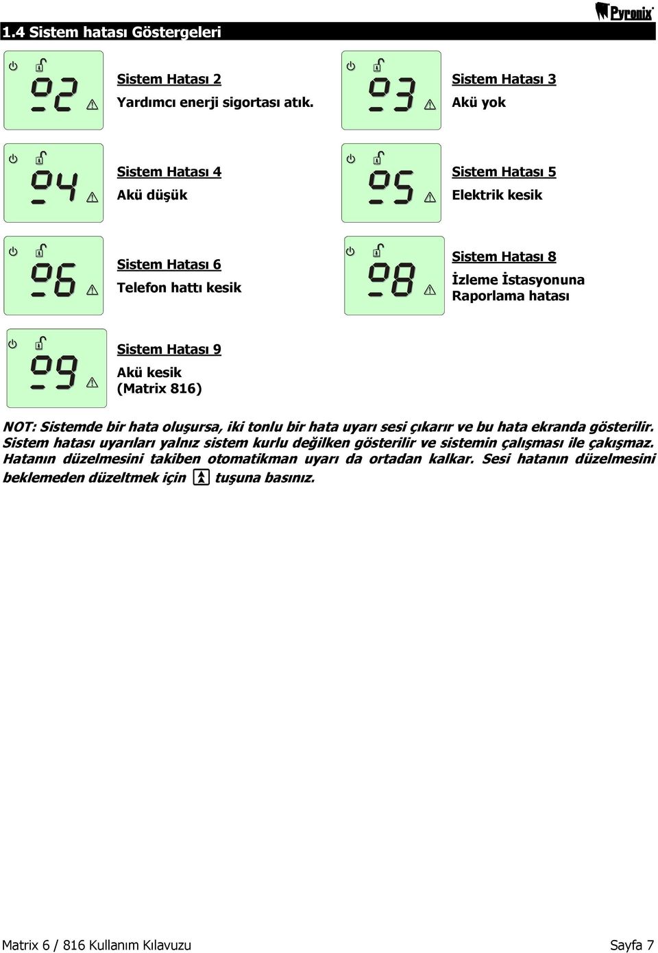hatası Sistem Hatası 9 Akü kesik (Matrix 816) NOT: Sistemde bir hata oluşursa, iki tonlu bir hata uyarı sesi çıkarır ve bu hata ekranda gösterilir.