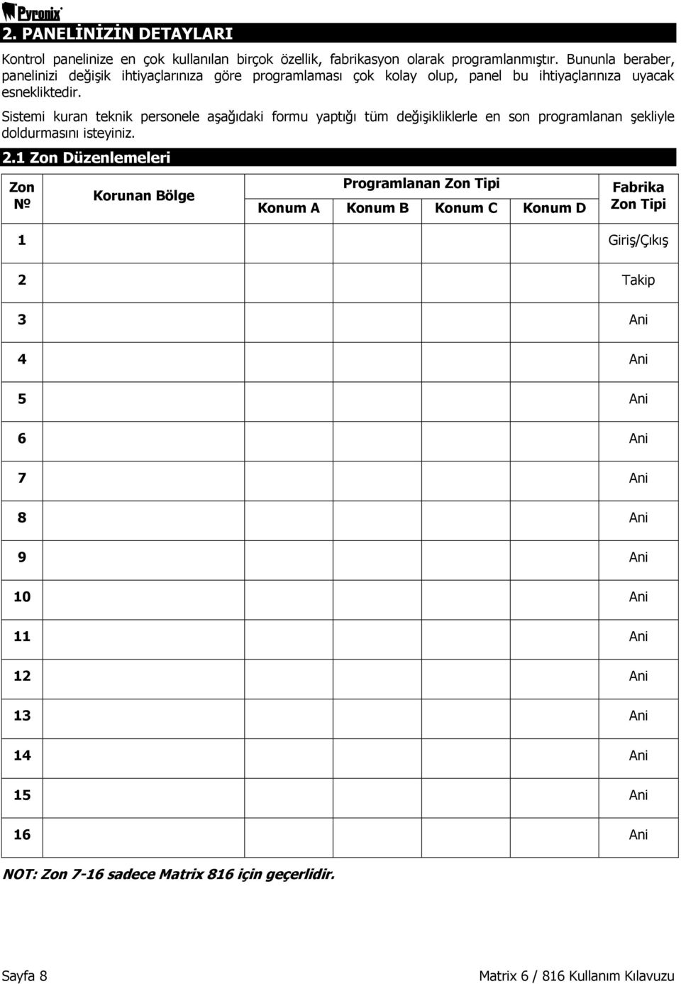 Sistemi kuran teknik personele aşağıdaki formu yaptığı tüm değişikliklerle en son programlanan şekliyle doldurmasını isteyiniz. 2.