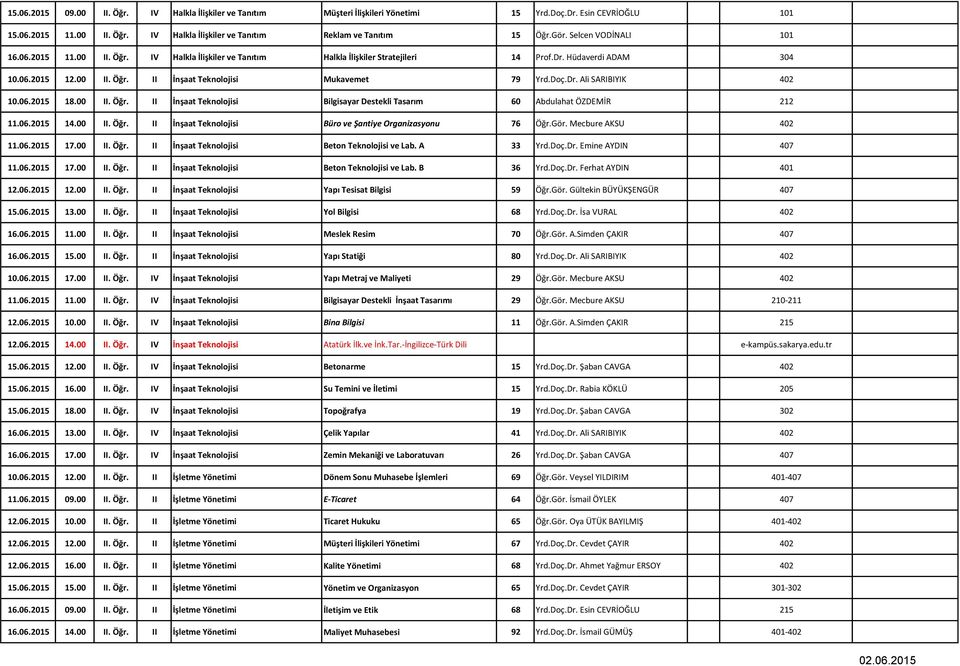 Doç.Dr. Ali SARIBIYIK 402 10.06.2015 18.00 II. Öğr. II İnşaat Teknolojisi Bilgisayar Destekli Tasarım 60 Abdulahat ÖZDEMİR 212 11.06.2015 14.00 II. Öğr. II İnşaat Teknolojisi Büro ve Şantiye Organizasyonu 76 Öğr.
