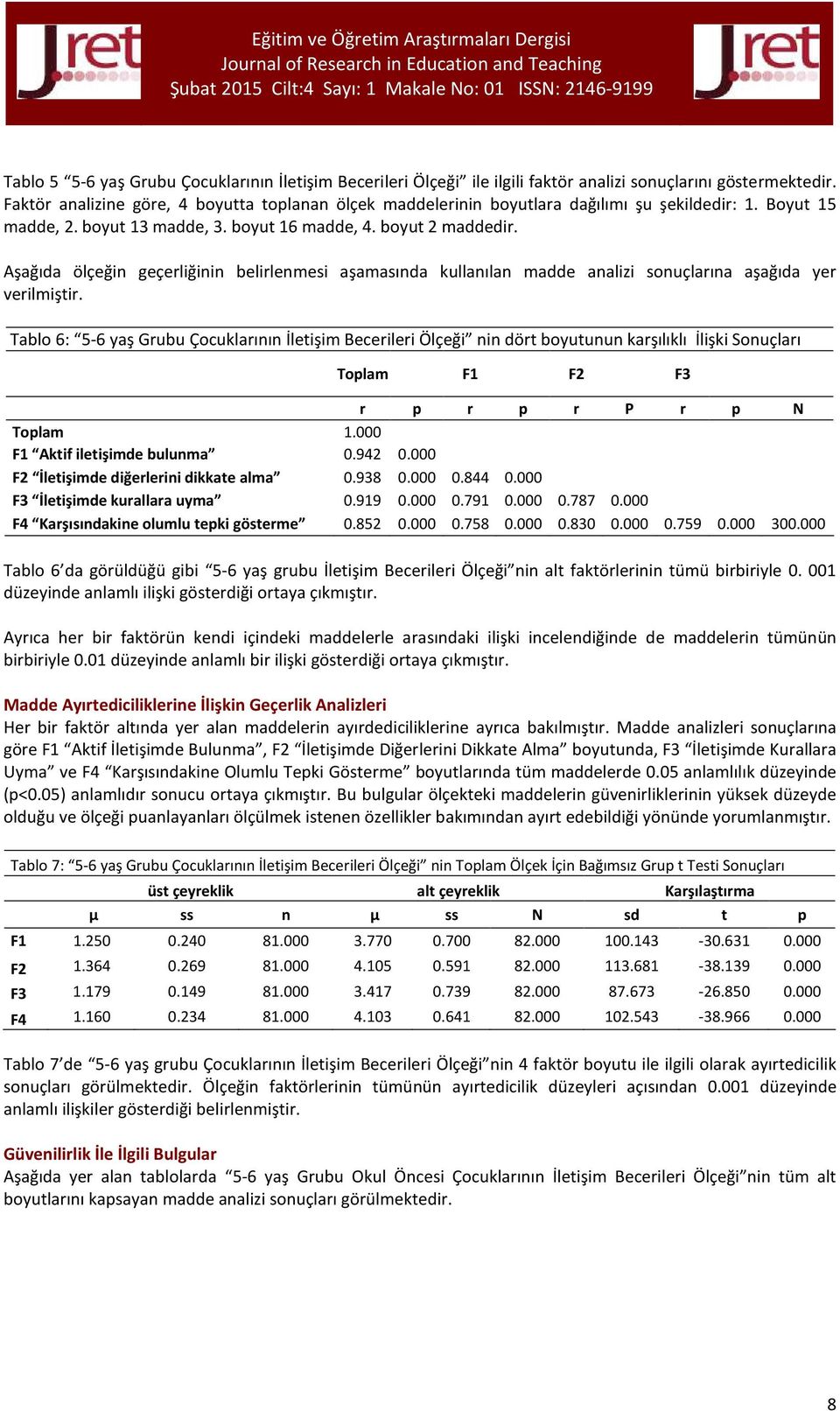 Aşağıda ölçeğin geçerliğinin belirlenmesi aşamasında kullanılan madde analizi sonuçlarına aşağıda yer verilmiştir.