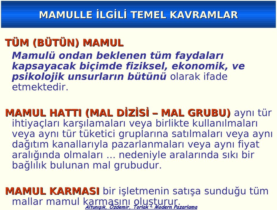 MAMUL HATTI (MAL DİZİSİ MAL GRUBU) aynı tür ihtiyaçları karşılamaları veya birlikte kullanılmaları veya aynı tür tüketici gruplarına