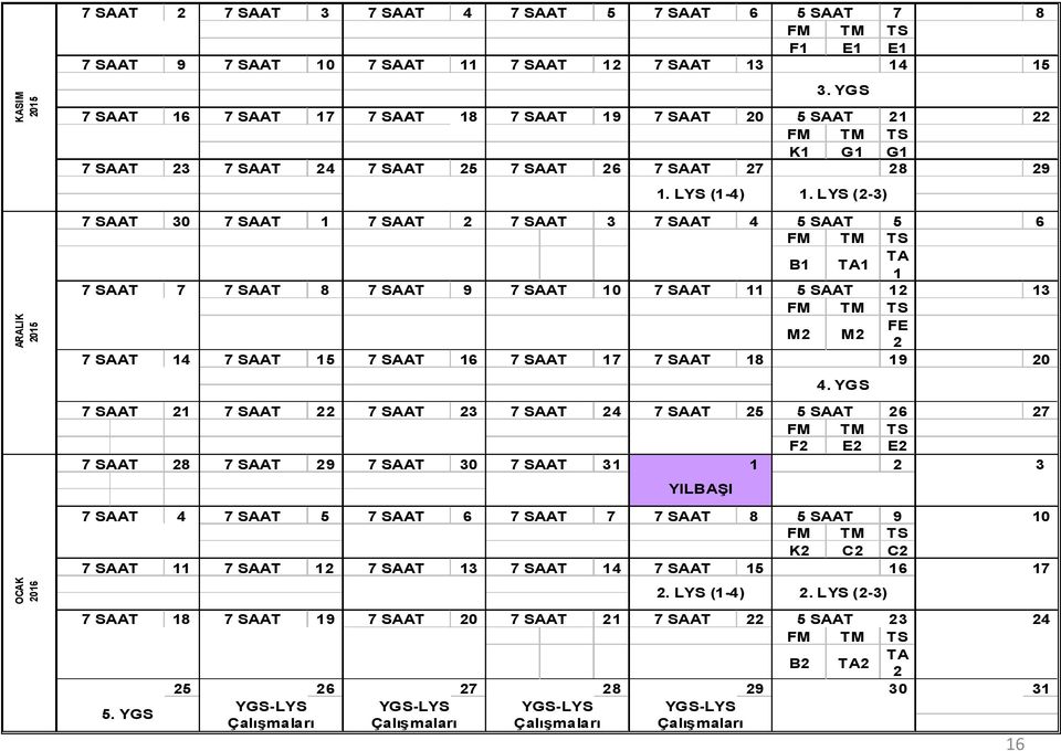 LYS (2-3) 7 SAAT 30 7 SAAT 1 7 SAAT 2 7 SAAT 3 7 SAAT 4 5 SAAT 5 6 B1 TA1 TA 1 ARALIK 2015 OCAK 2016 7 SAAT 7 7 SAAT 8 7 SAAT 9 7 SAAT 10 7 SAAT 11 5 SAAT 12 13 M2 M2 FE 2 7 SAAT 14 7 SAAT 15 7 SAAT