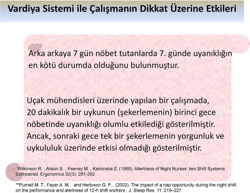 Ancak, sonraki gece tek bir şekerlemenin yorgunluk ve uykululuk üzerinde etkisi olmadığı gösterilmiştir. *Wilkinson R., Alison S., Feeney M., Kaminska Z. (1989).