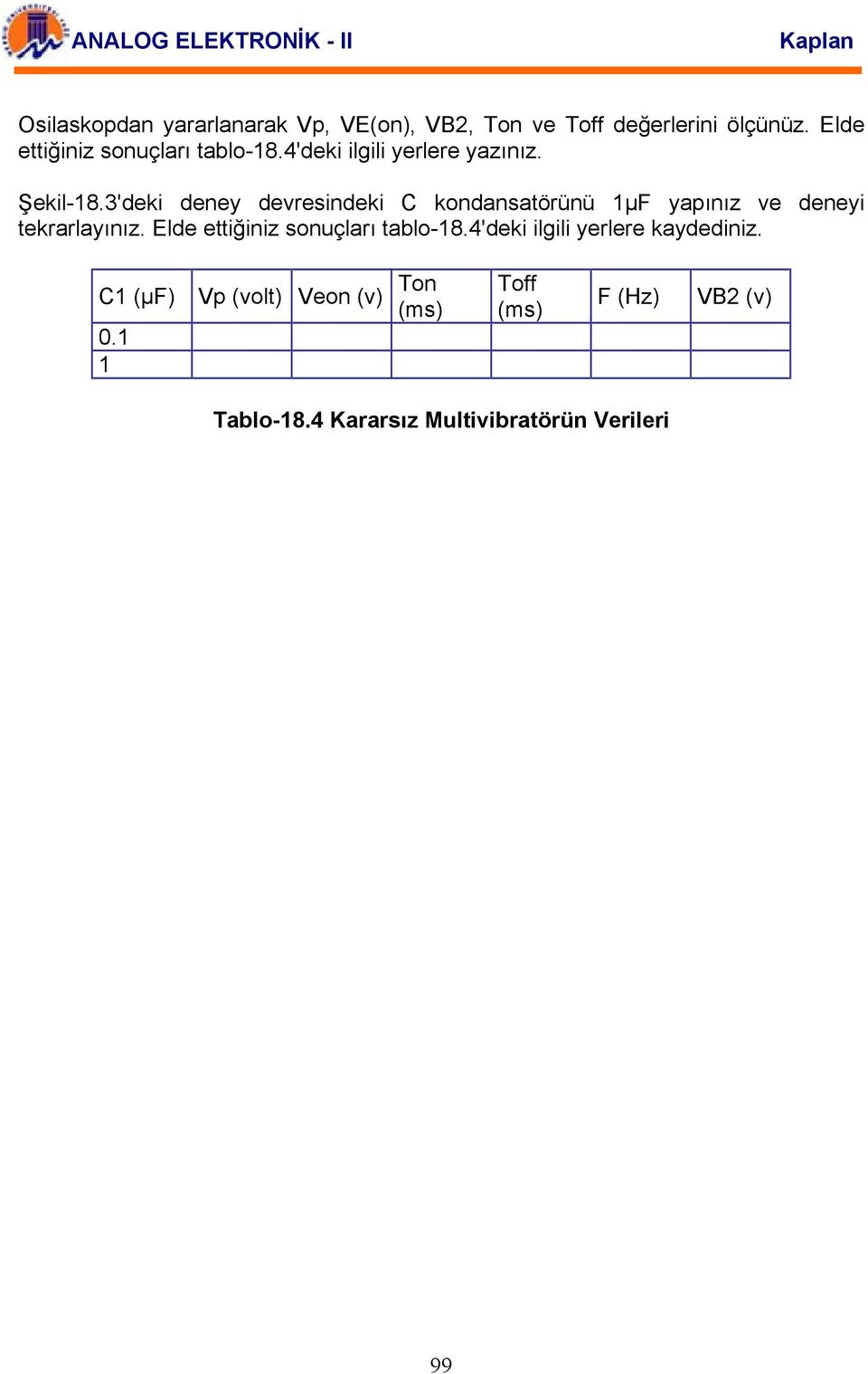 3'deki deney devresindeki C kondansatörünü 1µF yapınız ve deneyi tekrarlayınız.