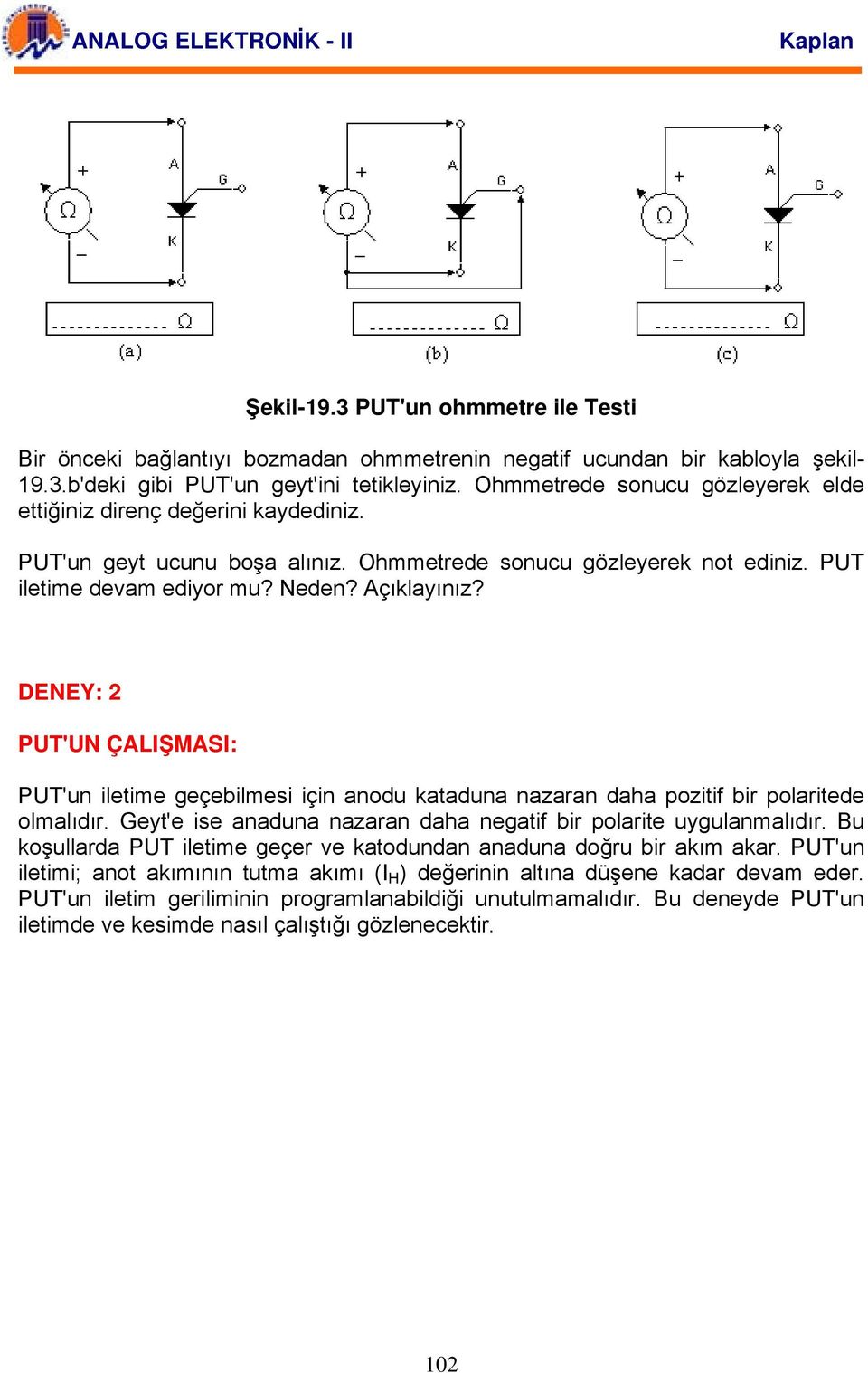 DENEY: 2 PUT'UN ÇALIŞMASI: PUT'un iletime geçebilmesi için anodu kataduna nazaran daha pozitif bir polaritede olmalıdır. Geyt'e ise anaduna nazaran daha negatif bir polarite uygulanmalıdır.