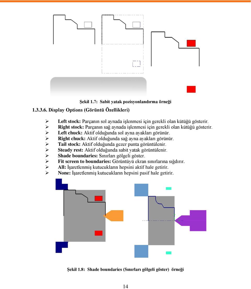 Tail stock: Aktif olduğunda gezer punta görüntülenir. Steady rest: Aktif olduğunda sabit yatak görüntülenir. Shade boundaries: Sınırları gölgeli göster.