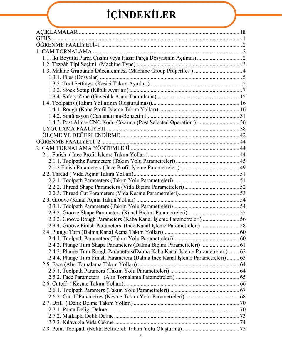 .. 15 1.4. Toolpaths (Takım Yollarının Oluşturulması)... 16 1.4.1. Rough (Kaba Profil İşleme Takım Yolları)... 16 1.4.2. Simülasyon (Canlandırma-Benzetim)... 31