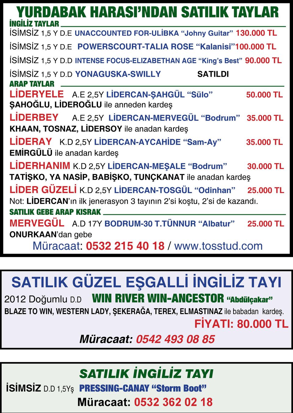 000 TL KHAAN, TOSNAZ, LİDERSOY ile anadan kardeş LİDERAY K.D 2,5Y LİDERCAN-AYCAHİDE Sam-Ay 35.000 TL EMİRGÜLÜ ile anadan kardeş LİDERHANIM K.D 2,5Y LİDERCAN-MEŞALE Bodrum 30.