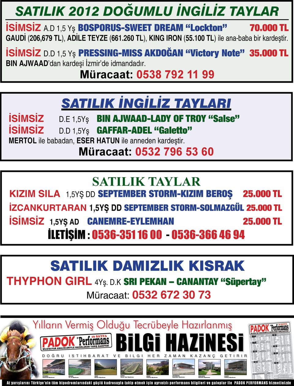 000 TL İZCANKURTARAN 1,5YŞ DD SEPTEMBER STORM-SOLMAZGÜL 25.000 TL İSİMSİZ 1,5YŞ AD CANEMRE-EYLEMHAN İLETİŞİM : 0536-351 16 00-0536-366 46 94 25.000 TL SATILIK DAMIZLIK KISRAK THYPHON GIRL 4Yş. D.K SRI PEKAN CANANTAY Süpertay Müracaat: 0532 672 30 73 70.