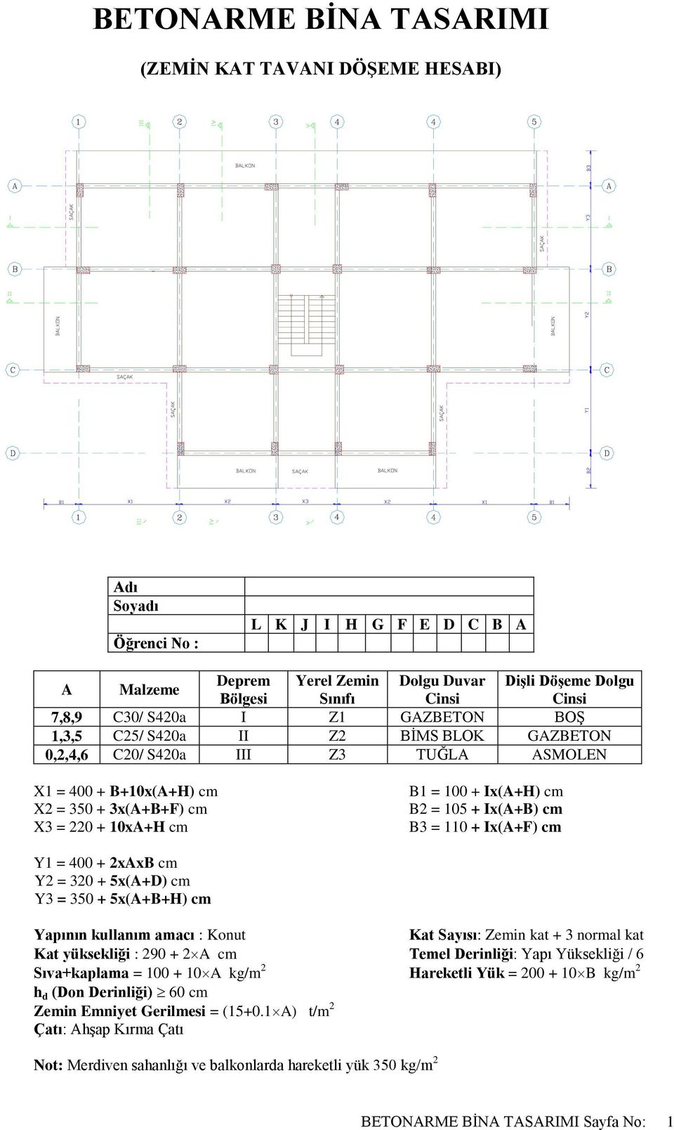 cm B2 = 105 + Ix(A+B) cm B3 = 110 + Ix(A+F) cm Y1 = 400 + 2xAxB cm Y2 = 320 + 5x(A+D) cm Y3 = 350 + 5x(A+B+H) cm Yapının kullanım amacı : Konut Kat Sayısı: Zemin kat + 3 normal kat Kat yüksekliği :