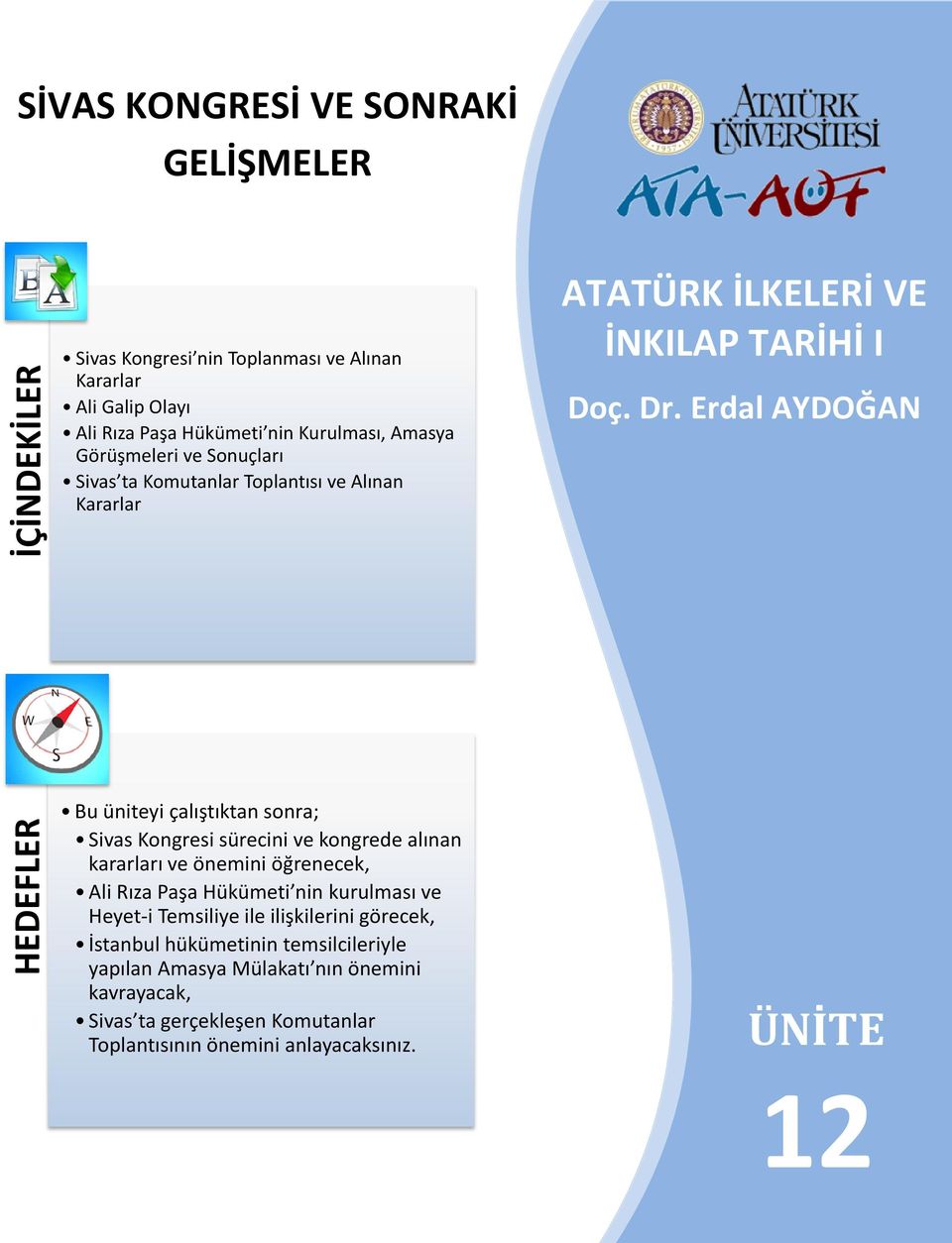 Erdal AYDOĞAN HEDEFLER Bu üniteyi çalıştıktan sonra; Sivas Kongresi sürecini ve kongrede alınan kararları ve önemini öğrenecek, Ali Rıza Paşa Hükümeti nin