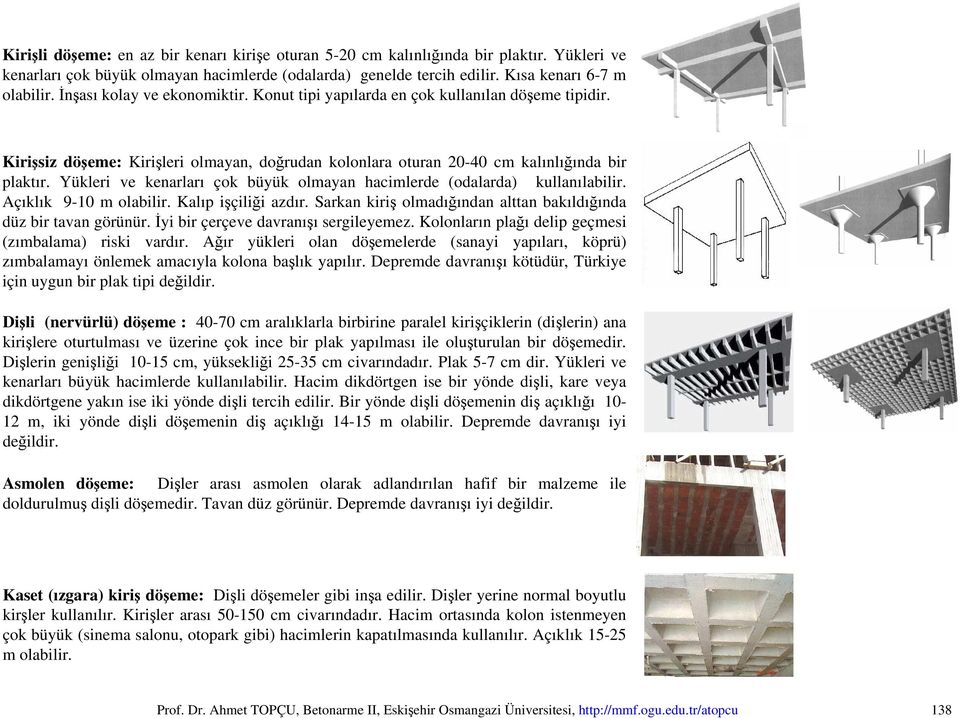 Yükleri ve kenarları çok büyük olmayan hacimlerde (odalarda) kullanılabilir. Açıklık 9-10 m olabilir. Kalıp işçiliği azdır. Sarkan kiriş olmadığından alttan bakıldığında düz bir tavan görünür.