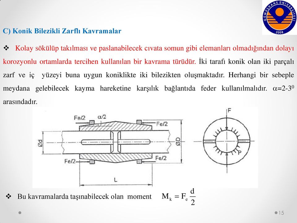 İki tarafı konik olan iki parçalı zarf ve iç yüzeyi buna uygun koniklikte iki bilezikten oluşmaktadır.