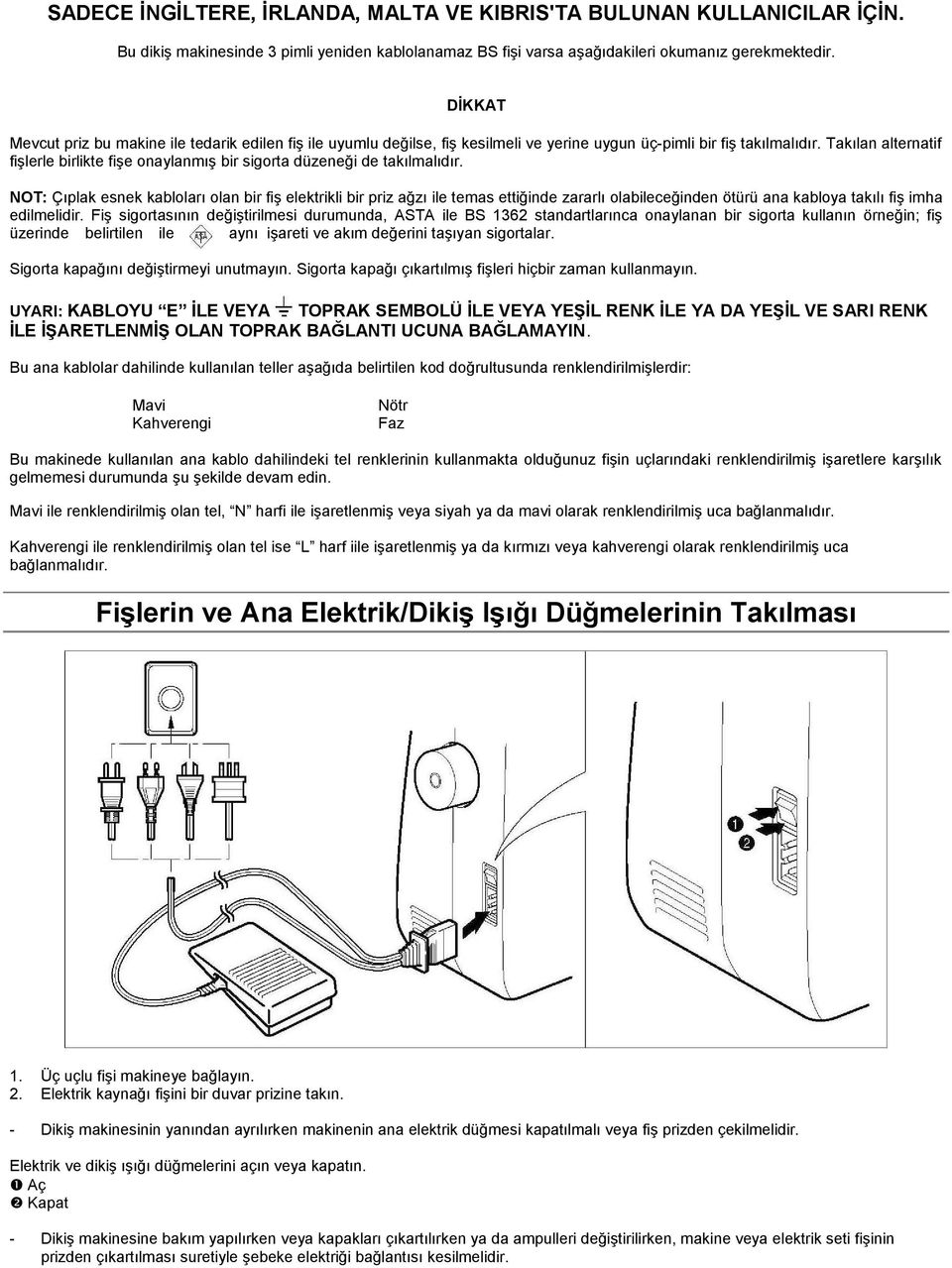 Takılan alternatif fişlerle birlikte fişe onaylanmış bir sigorta düzeneği de takılmalıdır.