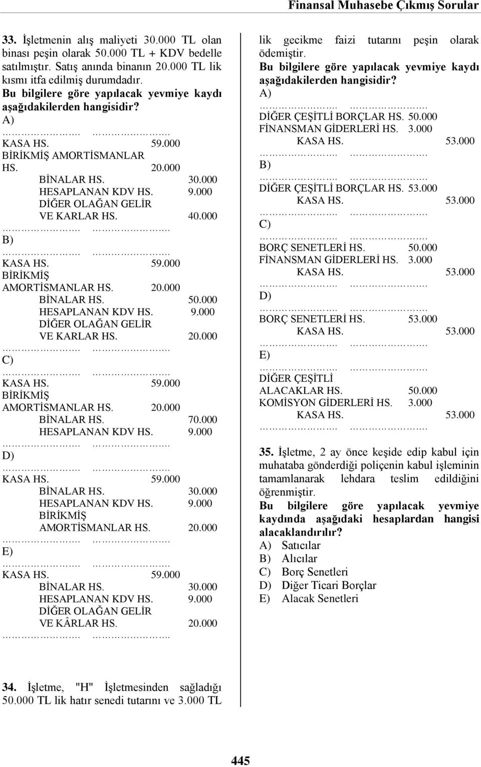 000 HESAPLANAN KDV HS. 9.000 DİĞER OLAĞAN GELİR VE KARLAR HS. 20.000 KASA HS. 59.000 BİRİKMİŞ AMORTİSMANLAR HS. 20.000 BİNALAR HS. 70.000 HESAPLANAN KDV HS. 9.000 KASA HS. 59.000 BİNALAR HS. 30.