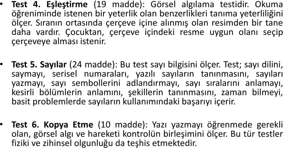 Sayılar (24 madde): Bu test sayı bilgisini ölçer.